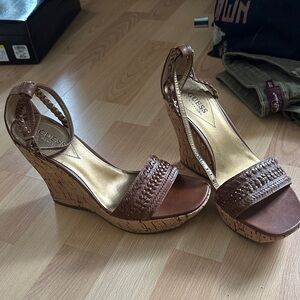 Guess Brown Woven Wedge Sandals